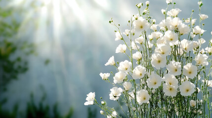 Bright white flowers in serene garden setting under warm daylight create dreamy atmosphere
