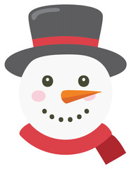 Cute cartoon snowman face with top hat and scarf, happy winter character