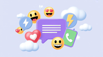 3 D social media icons with emojis and clouds communication