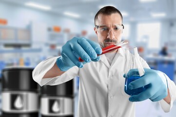 Scientist chemist with glass flask in laboratory