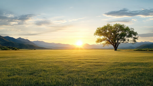 Serene landscape featuring vast open field with single tree, mountains background, and beautiful - Powered by Adobe