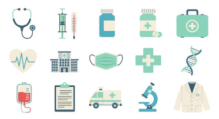 Medical icons set: stethoscope, syringe, thermometer, pills, first aid kit, heart, hospital, mask, cross, DNA, blood bag, clipboard, ambulance, microscope, lab coat.