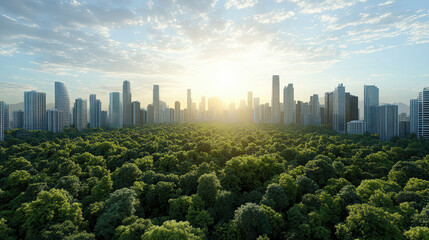 Fototapeta premium Vibrant city skyline merges seamlessly with lush greenery, showcasing harmonious balance between