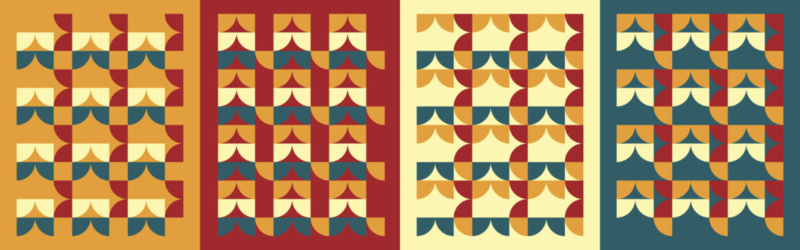 Modern geometric seamless pattern in warm retro colors. Abstract minimal shapes creating vintage symmetry. Perfect for textile, wallpaper, branding, and digital art. EPS vector file