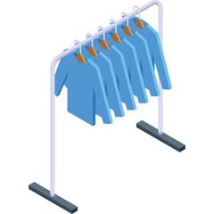 Isometric illustration of multiple blue sweaters hanging on a clothing rack with a transparent background and a simple white background base for the rack