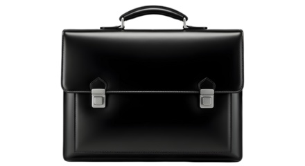 Classic professional black leather briefcase for corporate business, finance, and executive concepts isolated PNG with Transparent Background