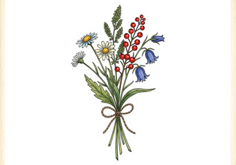 Fototapeta premium A charming watercolor illustration of a small bouquet of wildflowers, including daisies, bluebells, and berries, tied with a twine bow, isolated on white background