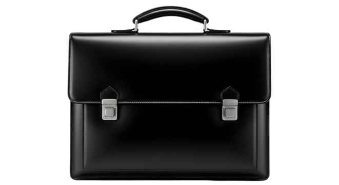 Classic professional black leather briefcase for corporate business, finance, and executive concepts isolated PNG with Transparent Background