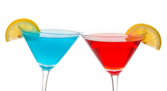 Pair of colorful blue and red alcoholic cocktails with lemon slices ready for a celebration isolated PNG with Transparent Background