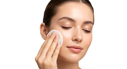 Beautiful young woman applying facial toner or makeup remover with a soft cotton pad. isolated PNG with Transparent Background