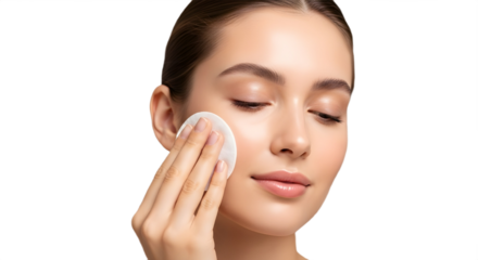 Beautiful young woman applying facial toner or makeup remover with a soft cotton pad. isolated PNG with Transparent Background