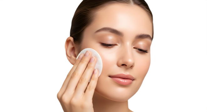 Beautiful young woman applying facial toner or makeup remover with a soft cotton pad. isolated PNG with Transparent Background