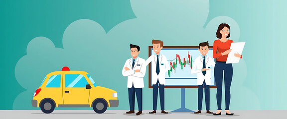 Medical team with a car and a presentation board showing a stock market graph