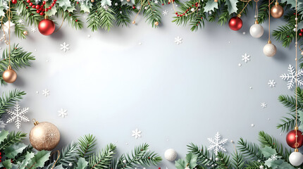 Festive holiday border with evergreen branches, ornaments, and snowflakes creates a welcoming winter season atmosphere.