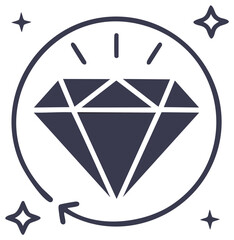 Diamond icon within a circle with sparkle and rotation arrow symbol