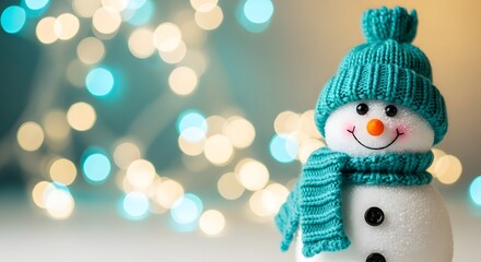 Adorable snowman wearing a teal hat and scarf with festive bokeh lights