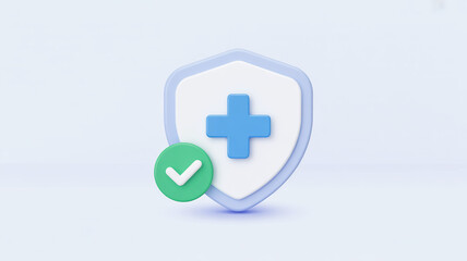 3d rendered medical shield with blue cross and green checkmark