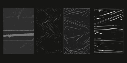 Four dark abstract backgrounds featuring textured surfaces and wrinkled plastic sheeting