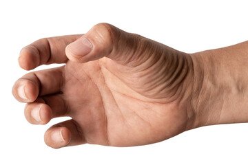 man hand holding something like a bottle on white background