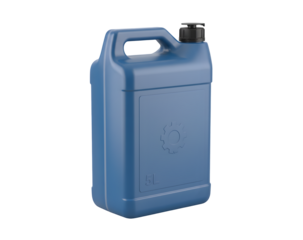 A blue plastic oil canister sitting alone on a white background