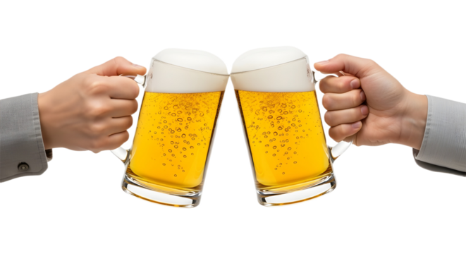 Two hands toasting with large glass beer mugs filled with cold, foamy light beer. isolated PNG with Transparent Background