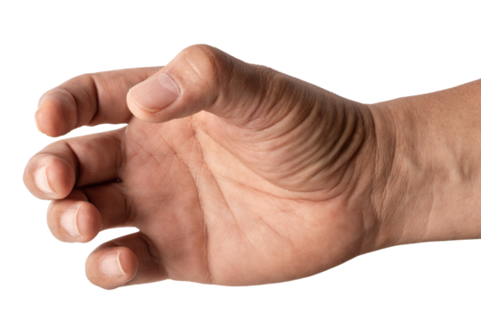 man hand holding something like a bottle on white background