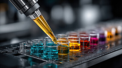Focused biotech research for new drug discovery and development. precise automated process for clinical trials analysis with multi well plate in science lab