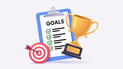 Blue clipboard with goals list trophy and target image
