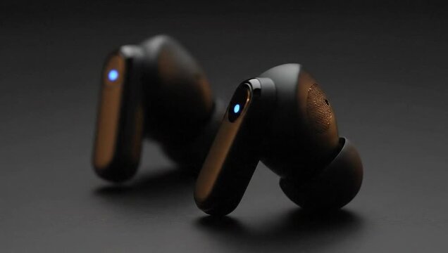 Premium Wireless Earbuds with Wood Finish and Blue LED Light.