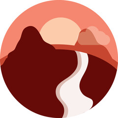 Minimalist Landscape With Mountains And River Under A Warm Sunset Sky In A Circular Frame Featuring Earth Tones And Soft Lighting