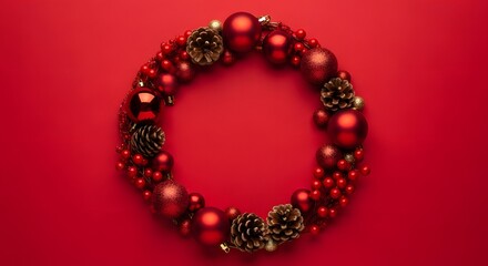 Obraz premium Oval christmas wreath with red ornaments and pinecones on red background