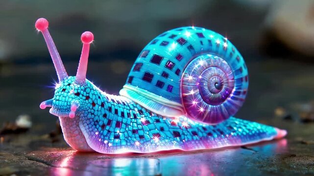 Iridescent snail with a blue shell and pink accents crawls across a wet surface with sparkling highlights creating a whimsical and magical atmosphere in a fantasy setting