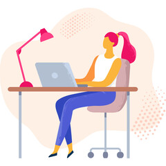Young Woman Works Remotely At A Desk With A Laptop And Pink Desk Lamp In An Office Environment With Abstract Orange Shapes And Pink Sparkle Accents