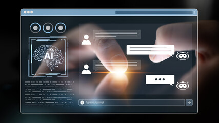 Fototapeta premium A user interface of a conversational AI platform. A user interacts with an intelligent chatbot by typing prompts to receive support and information from the digital brain. Fermion
