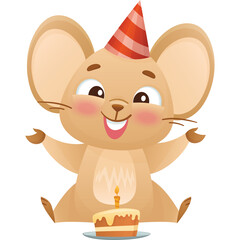 Joyful Mouse Wearing Party Hat With Birthday Cake And Candle Celebrating A Festive Occasion With Open Arms And A Big Smile