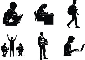 Black Silhouette Vector of Students Studying, Walking, Celebrating, Using Laptop, Reading Books, Writing at Desk – Academic Life Concept