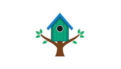 Simple colorful birdhouse design on a tree