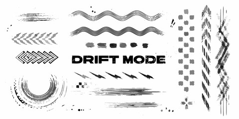 Collection of abstract graphic elements and grunge textures with the text drift mode
