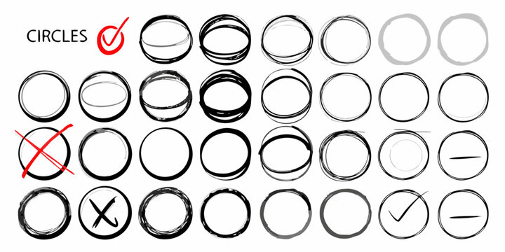 Collection of hand drawn circles with checkmarks and crosses for marking and selection