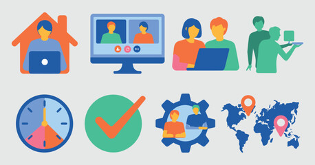 Flat vector icons set of remote and hybrid teamwork, online collaboration symbols, home office avatars, virtual meeting, time zone difference, remote work communication and productivity design