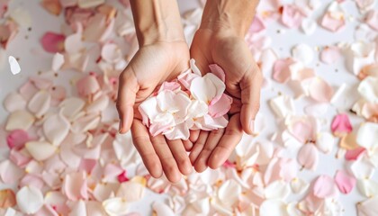 Delicate hands holding a collection of soft pink and white rose petals