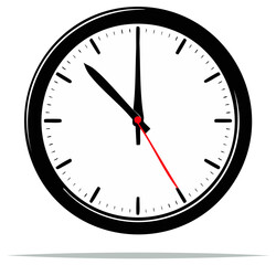 Clean vector illustration of a traditional round clock with black hands and a prominent red second hand