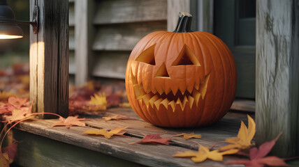 A menacing carved halloween pumpkin with sharp teeth and triangular eyes sits on a weathered wooden porch, surrounded by fallen autumn leaves in the dim light