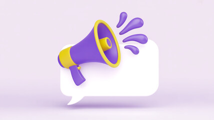 Purple and yellow megaphone announcing on white speech bubble