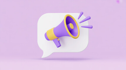 Purple megaphone on white speech bubble 3d render yellow