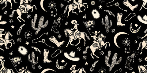Whimsical western cowboy and cowgirl pattern with horses cacti and stars on black background