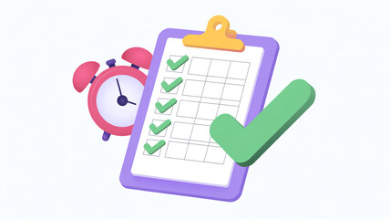 Purple clipboard with green checkmarks and pink alarm clock