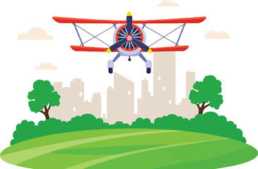 Whimsical red biplane flying over green hills and a cityscape, perfect for children's books, travel posters, or aviation themed designs © king