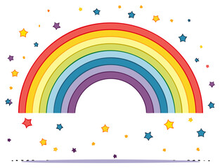Magical bright rainbow arch with colorful stars and small confetti dots children illustration