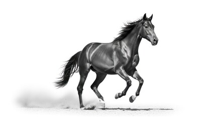 Fototapeta premium Powerful Black Horse Galloping, Kicking Up Dust, Isolated on White Background with Majestic Grace and Dynamic Energy